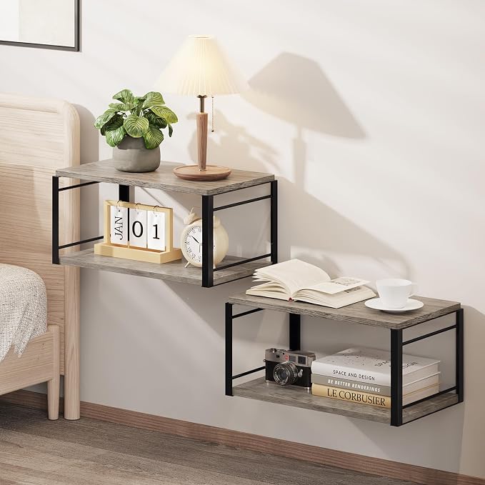 Floating Nightstand Wall Shelf, Wood Bedside Shelf Wall Mounted Nightstand Set by NANAGIFTREE