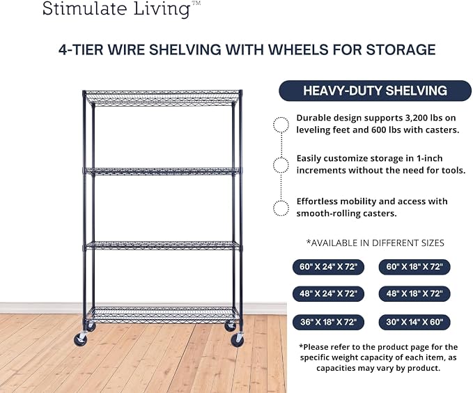 60"x18"x72" Prime Heavy Duty Black 4-Tier Wire Shelving NSF 3200 LBS MAX - Image 6
