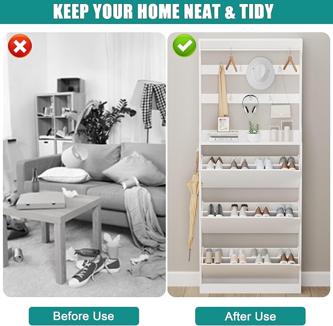Shoe Cabinet for Entryway with 3 Flip Drawers, Narrow Hidden Slim Freestanding - Image 4