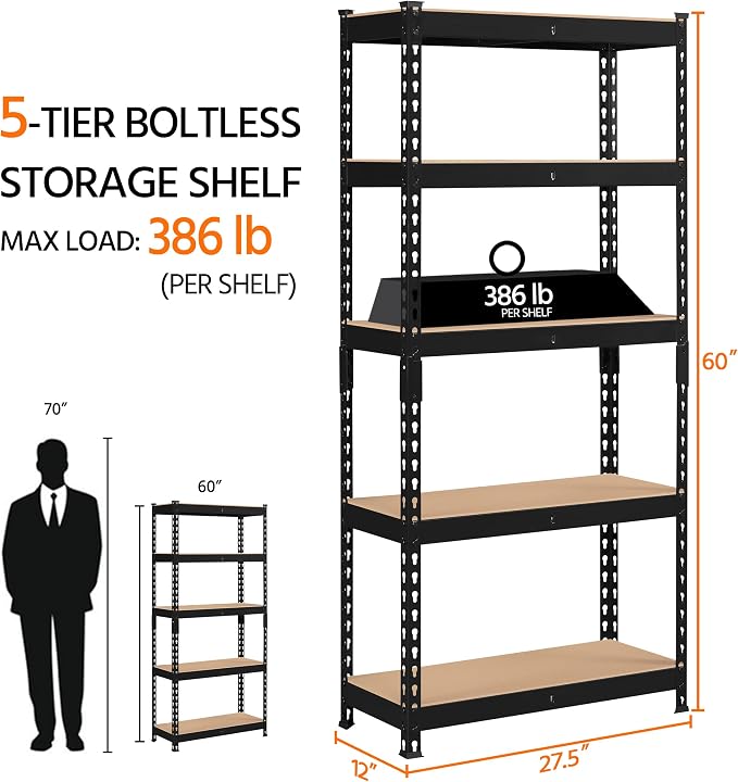 Topeakmart 5-Tier Utility Shelves, Metal Storage Shelves, Adjustable Shelving - Image 3