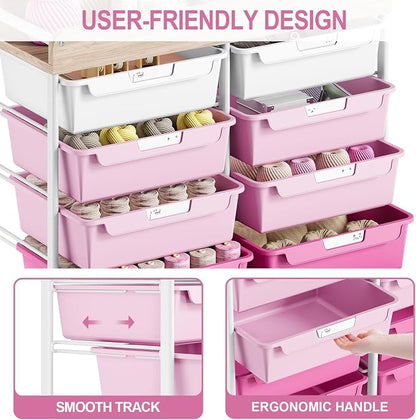 10 Drawers Rolling Cart with Wooden Tabletop, Utility Storage Cart with Wheels - Image 5