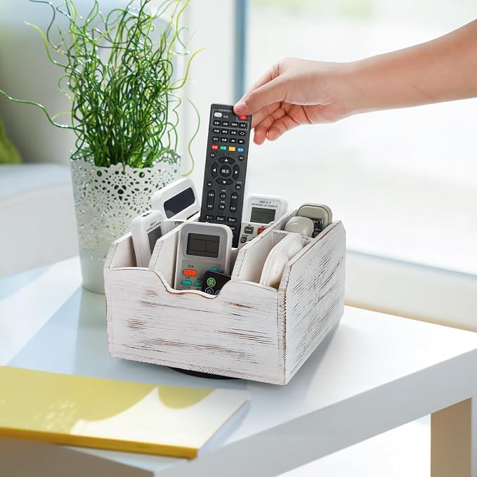 yarlung Vintage Rotating Remote Control Holder, Shabby Chic White Wooden Office - Image 6