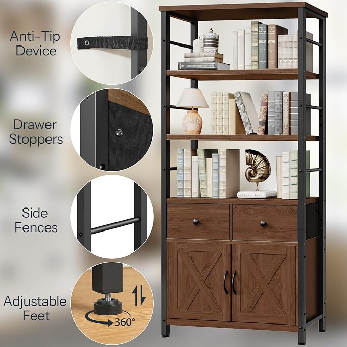HOOBRO Bookshelf with Doors, Rustic Bookshelf with Drawers, Industrial Display - Image 5