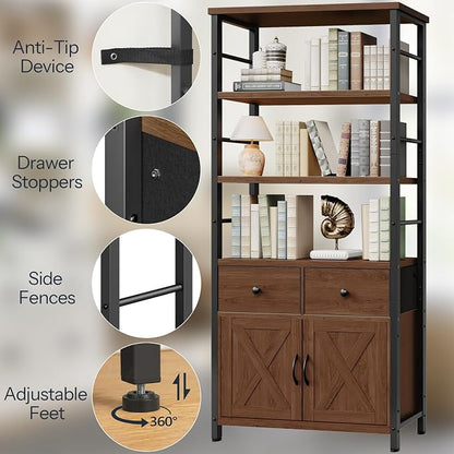 HOOBRO Bookshelf with Doors, Rustic Bookshelf with Drawers, Industrial Display - Image 5