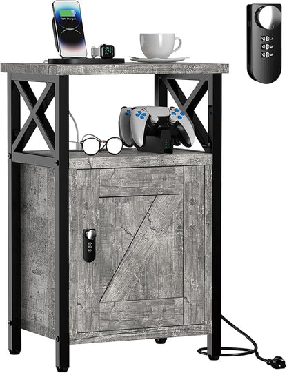 runjuly Wooden Nightstand with Lock Cabinet and Charging Station, Ash Grey | by Home