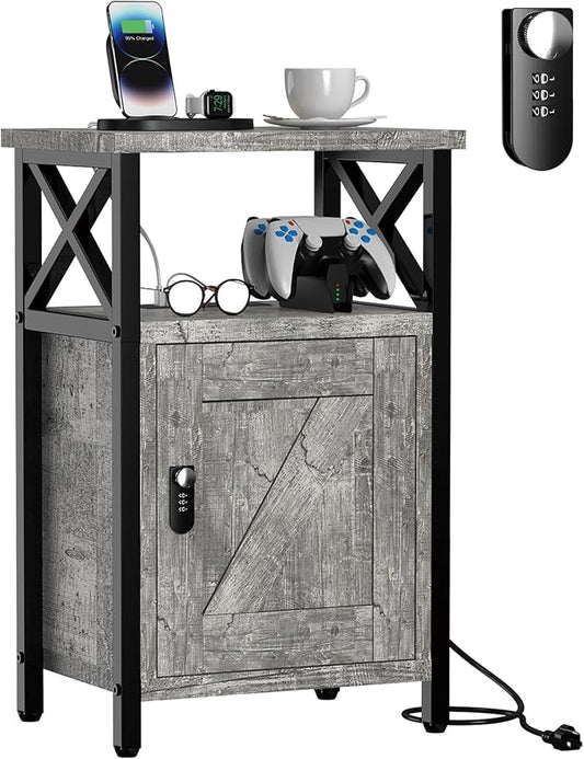 runjuly Wooden Nightstand with Lock Cabinet and Charging Station, Ash Grey | by Home