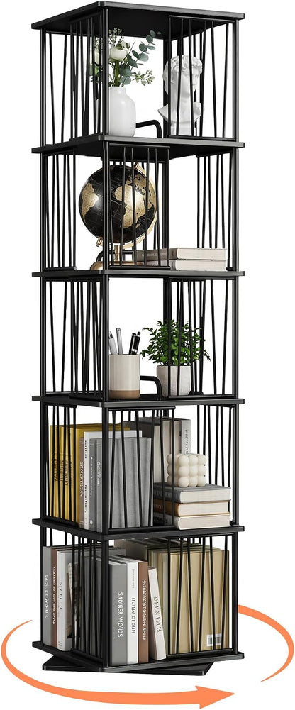 Black Rotating Bookshelf Tower 360° 5 Tier Tall Revolving Bookcase | Narrow - Image 3