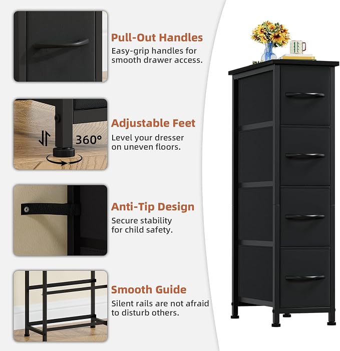 Somdot Narrow Dresser for Bedroom, 4 Drawer Storage Cabinet, Storage Organizer - Image 5