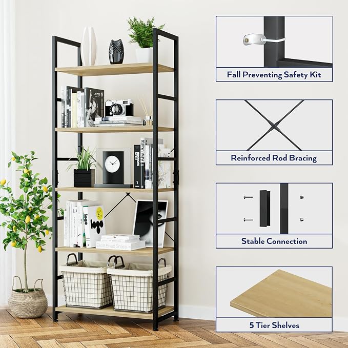 NUMENN 5 Tier Bookshelf, Tall Freestanding Open Storage Bookcase, Natural | - Image 5