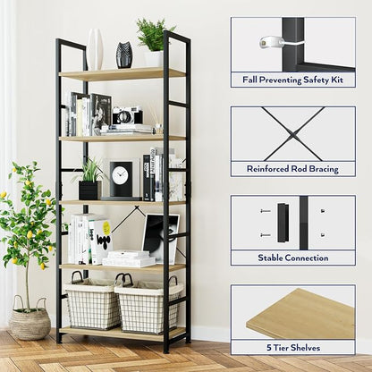NUMENN 5 Tier Bookshelf, Tall Freestanding Open Storage Bookcase, Natural | - Image 5