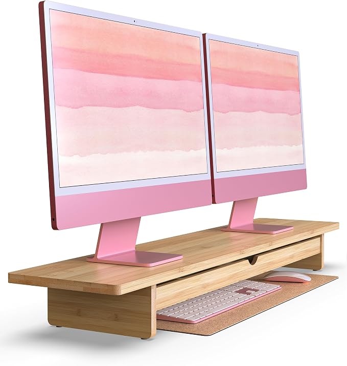Bamboo Monitor Stand with Large Storage Drawer, 42 Inch Ergonomic Computer Riser by WELLWENG