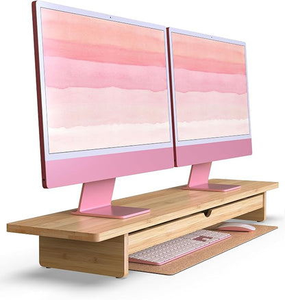 Bamboo Monitor Stand with Large Storage Drawer, 42 Inch Ergonomic Computer Riser by WELLWENG