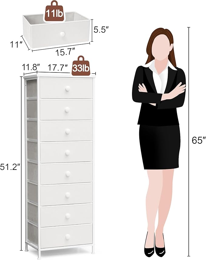 Fabric Dresser for Bedroom, 8 Drawer Tall Vertical Skinny Tower | Wooden Top - Image 3
