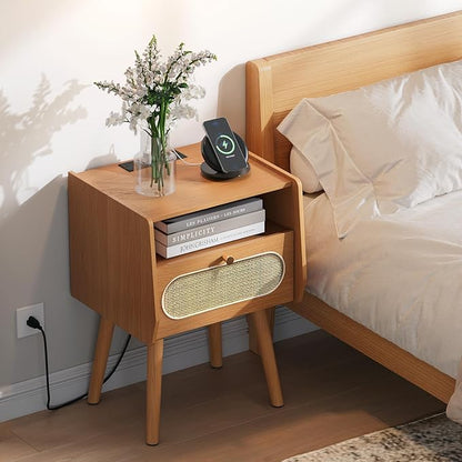 Night Stand Set 2, Mid Century Modern Nightstands, Rattan Bedside Table - Image 3