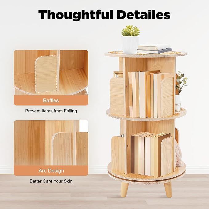 2 Tier Rotating Bookshelf with Legs, Small Corner Bookshelf Floor Standing - Image 6