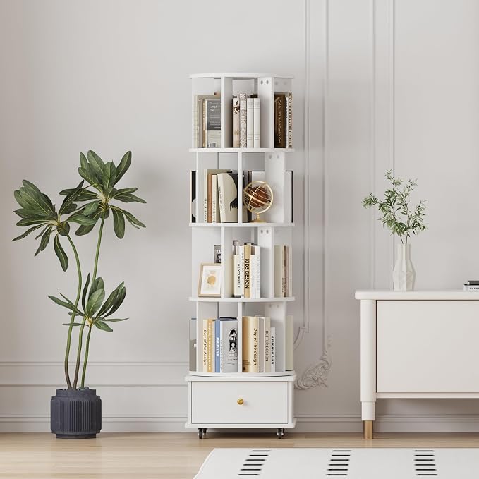 4-Tier Rotating Bookshelf with Drawers on Wheels, 360° Spinning Corner Bookcase - Image 8