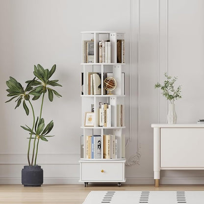 4-Tier Rotating Bookshelf with Drawers on Wheels, 360° Spinning Corner Bookcase - Image 8