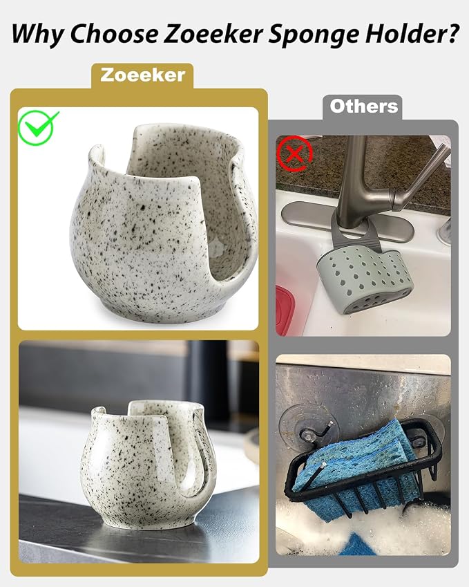 Sponge Holder for Kitchen Sink, Ceramic Dish Sponge Dish Rack Scrubby Caddy - Image 4