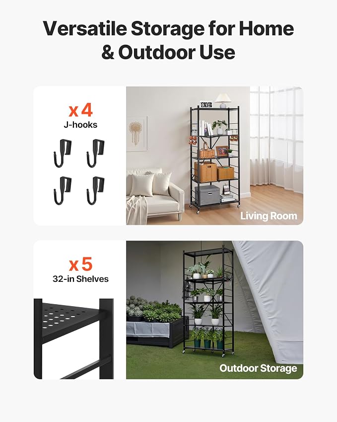 VEVOR 5-Tier Foldable Storage Shelf, 32W x 14D x 72H Inch Folding Metal Rack - Image 8