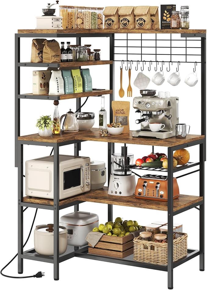 L-Shaped Bakers Rack with Power Outlet, 6-Tier Microwave Stand with Open Storage by WelcometoIABIFO