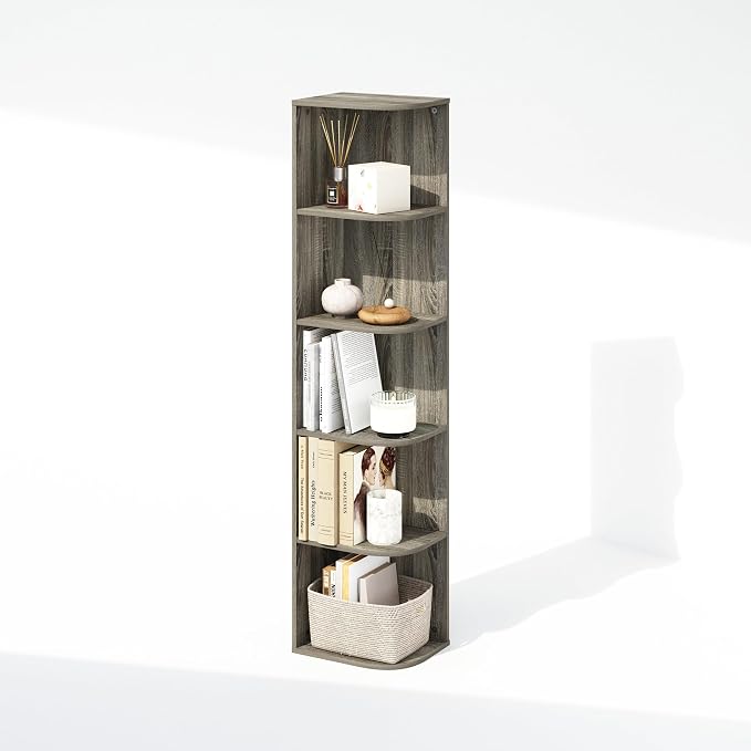 Furinno Reed Corner Shelf, 5-Tier Corner Bookshelf, Book Shelf, Corner Shelves - Image 5