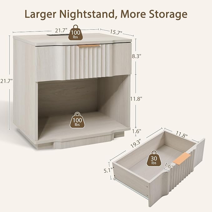 Yechen Fluted Nightstand with 20W Fast Charging Station - Image 2