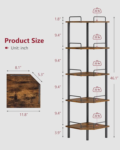 Tajsoon 5 Tier Corner Shelf Stand, Small Corner Table, Rustic Brown | Corner - Image 3