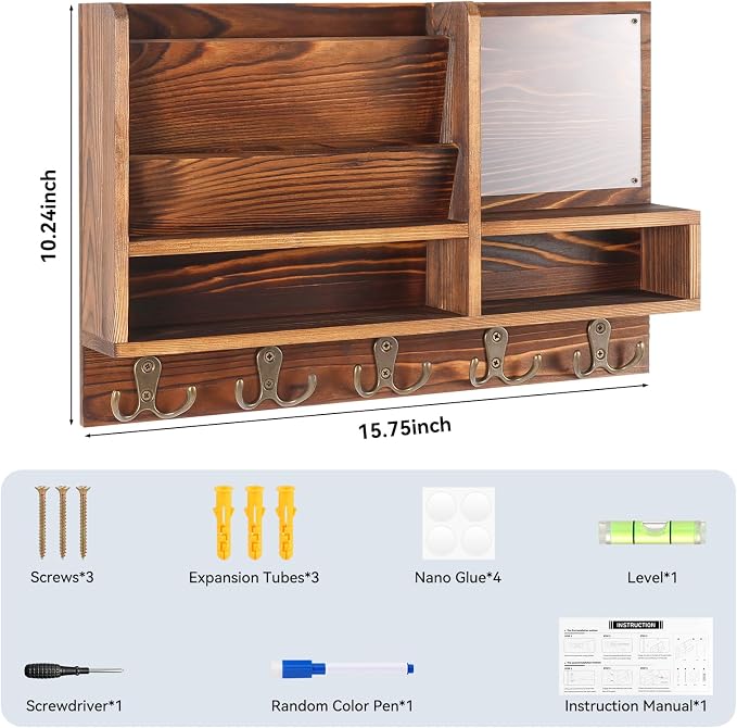 Key Holder Wall Mount, Mail Organizer Wall Mounted, Solid Wood Key Holder - Image 2