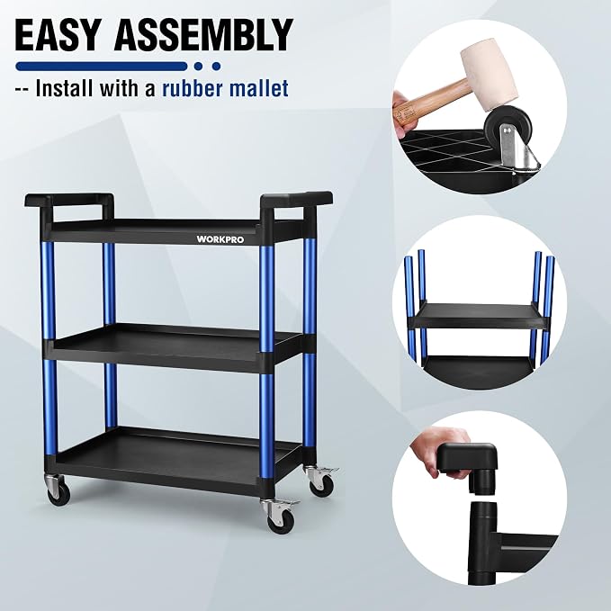 WORKPRO 3-Tier Service Utility Cart, 400LBS Plastic Rolling Cart - Image 6