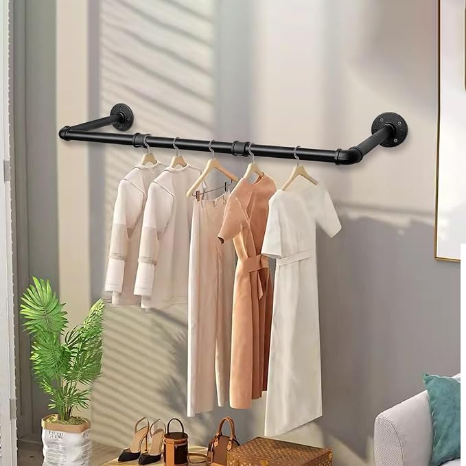 Industrial Iron Pipe Clothes Hanging Bar DIY Wall-Mounted Garment Rack Heavy - Image 2