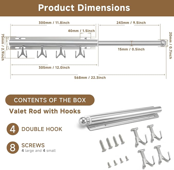 Valet Rod For Closet Pull Out, Adjustable Heavy Duty Carbon Steel 12" - Image 5
