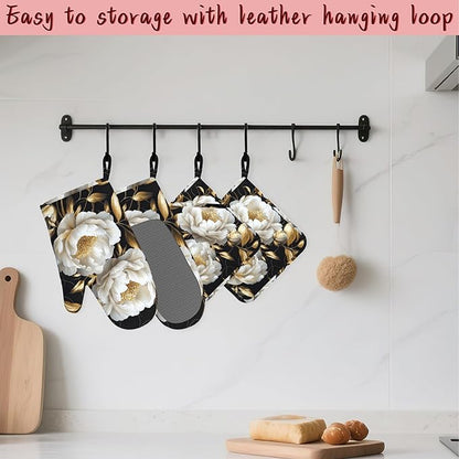 White Flowers Oven Mitts and Pot Holders, Glitter Blooming Heat Resistant - Image 5