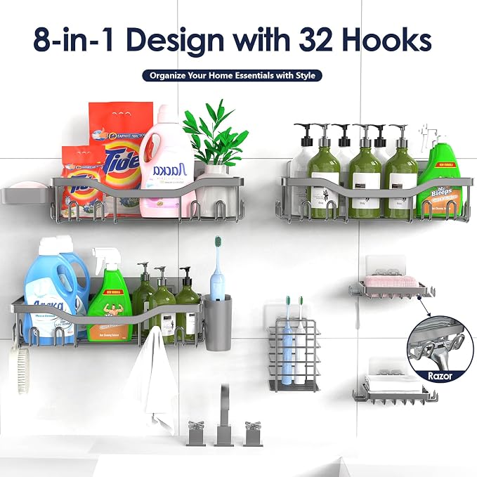 NESOMI Shower Caddy Adhesive Shower Organizer 8-Pack, Rustproof Stainless Steel - Image 7