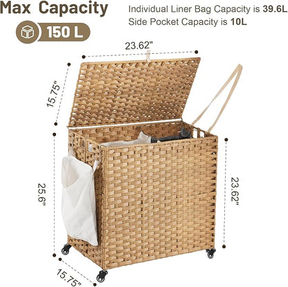Laundry Hamper with Wheels, 39.6 Gallon Rolling Laundry Basket with Lid - Image 4