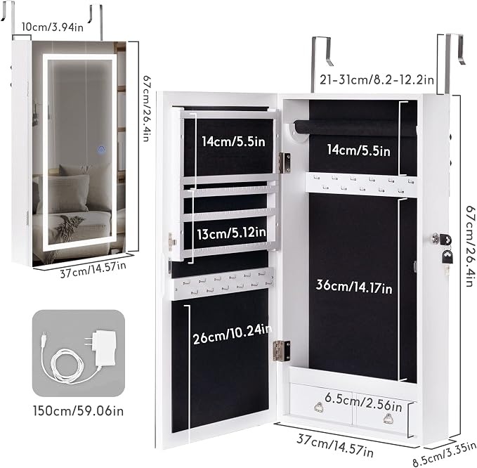 LAVIEVERT Jewelry Armoire with LED Lighted Mirror, Wall/Door Mounted Frameless - Image 6