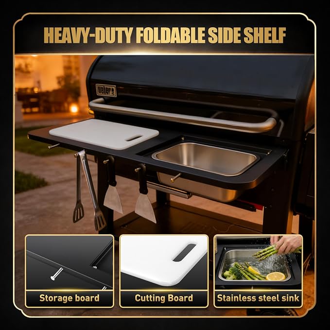 QuliMetal Folding Front Shelf for Weber Searwood XL 600/Smoque XL, Cutting Board - Image 6
