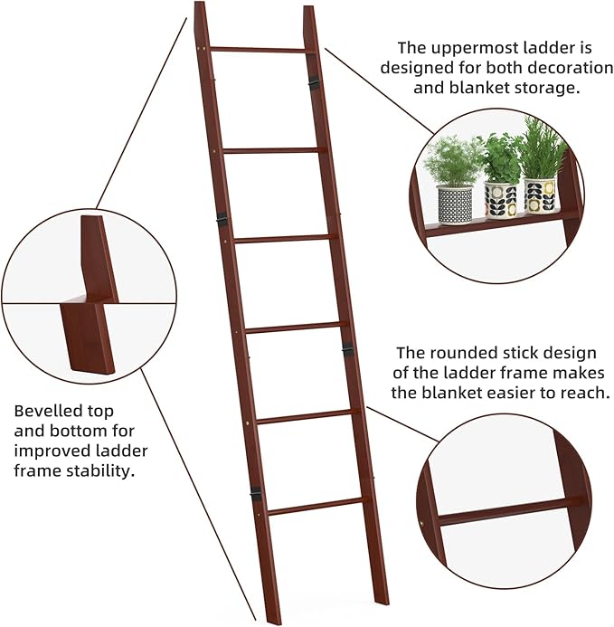 BAMBANG 6-Tier Blanket Ladder for Living Room, Blanket Quilt Ladder Rack Rustic - Image 4