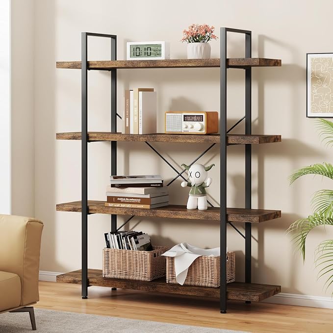 Heavy Duty 4-Tier Industrial Bookcase, 120lbs Shelf Capacity, Rustic Open by OtterOasis