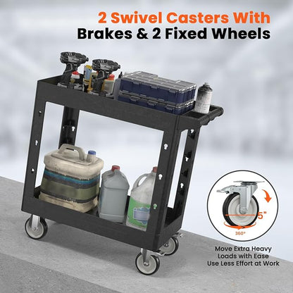 2 Tier Plastic Rolling Utility Cart on Wheels, Heavy Duty Tool Cart - Image 6