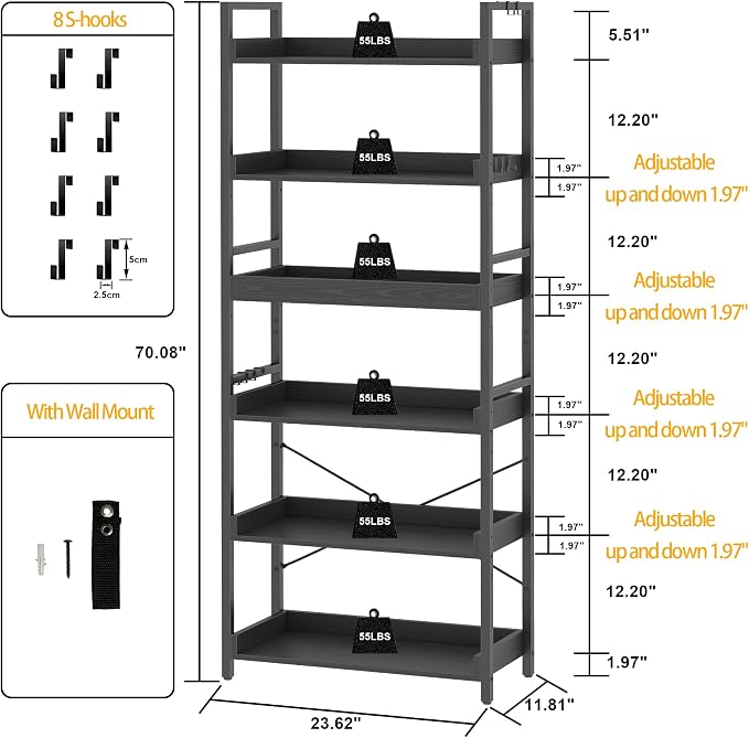 HCHQHS 6 Tier Bookshelf, Adjustable Industrial Bookcase, Vertical Tall Book - Image 3