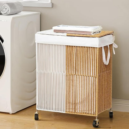 WOWLIVE Laundry Hamper with Wheels, Handwoven Rolling Laundry Basket with Lid - Image 3