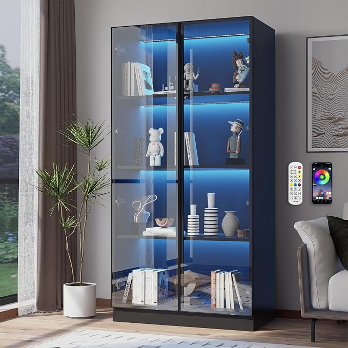Glass Display Cabinet with LED Lights, Display Case Bookcase with 4-Tier Shelves by ZORPLIX