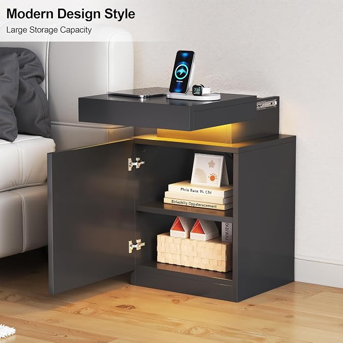 MXV LED Nightstand with Charging Station, Storage Cabinet & Drawers - Image 6