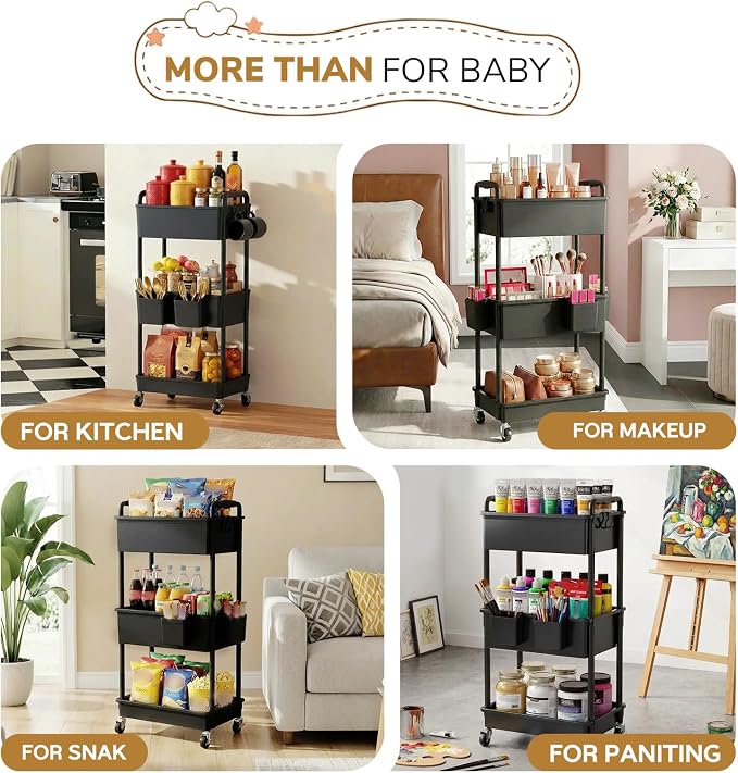 Goovilla Diaper Cart with Lockable Wheels and Easy Assembly, 3 Tier Black - Image 7