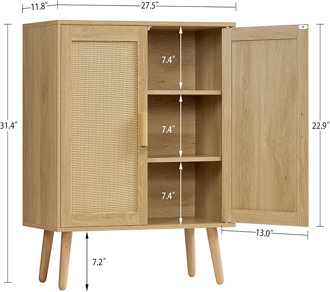 Iwell Storage Cabinet with 2 Shelves, Rattan Cabinet with 2 Doors, Sideboard - Image 3