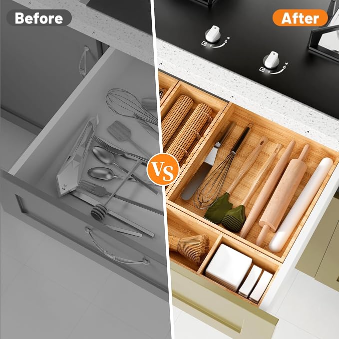 SpaceWhisper Bamboo Drawer Organizer, 10-Piece Drawer Divider - Image 5