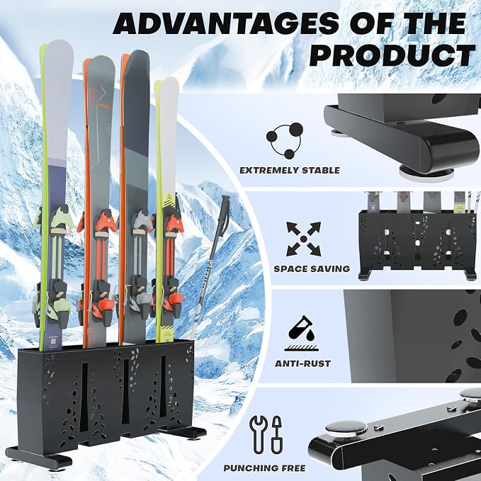 Ski Storage Rack for Garage, 4 Pair Heavy Duty Steel Freestanding Ski Storage - Image 5
