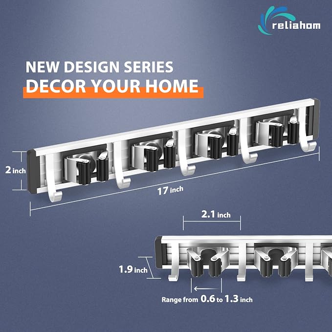reliahom Broom Holder Wall Mount Mop Hanger Tools organizer 4Racks 5Hooks | - Image 6
