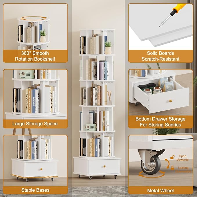 Rotating Bookshelf with Drawers on Lockable Wheels Wood White | 6 Tier Spinning - Image 7