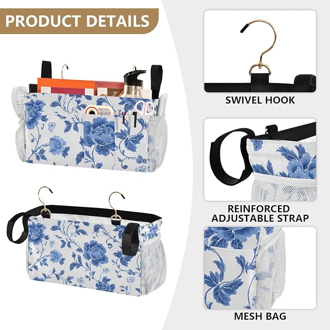 Flowers Blue and White Pattern Bedside Caddy - Image 5